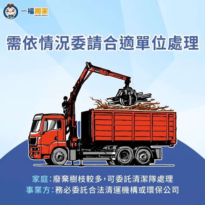 若一般家戶需清運廢棄樹枝,可根據清運數量委托清潔隊協助清運,避免直接丟沿街垃圾車 可依照情況委託合適單位清運廢棄樹枝-樹枝 事業廢棄物